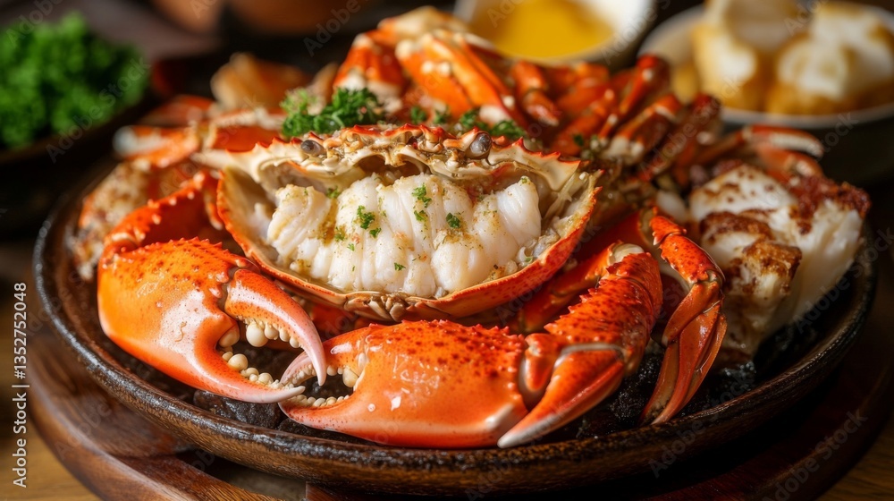 Red Crab Seafood Platter on Dark Wooden Table Red Crab Seafood Platter on Dark Wooden Table