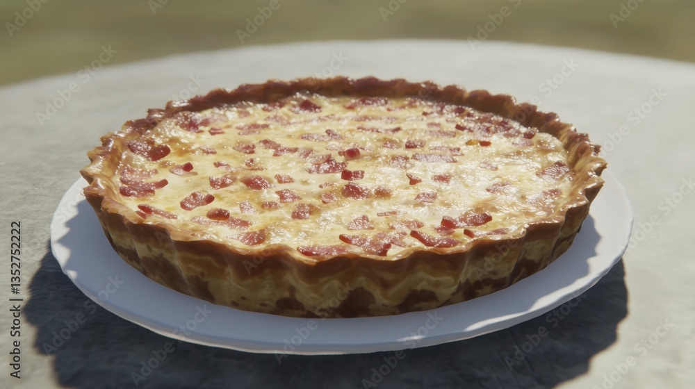 Deliciously baked quiche with crispy bacon on a white plate outdoors during a sunny day Deliciously baked quiche with crispy bacon on a white plate outdoors during a sunny day