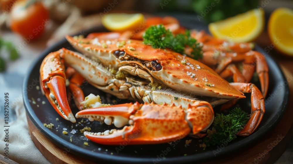 Steamed Crab on Black Plate with Lemon and Parsley Steamed Crab on Black Plate with Lemon and Parsley