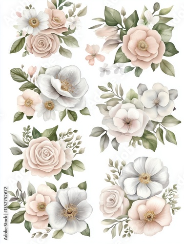 A set of six flower decals featuring various types of flowers, including roses