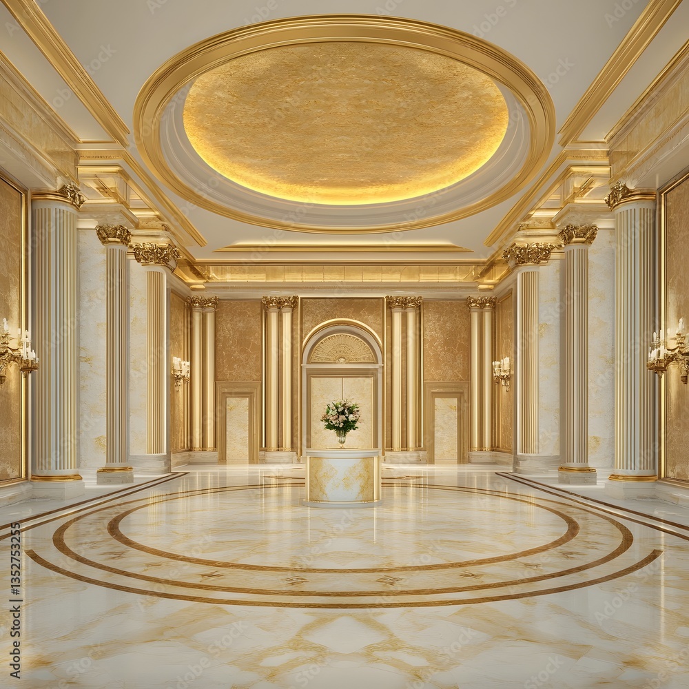 Obraz premium A podium inside an opulent luxury hotel lobby, surrounded by gold and marble elements