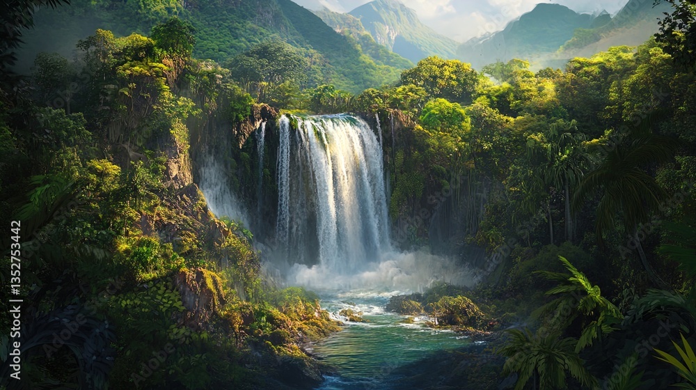 Fototapeta premium A breathtaking landscape featuring a majestic waterfall cascading down rocky cliffs, surrounded by lush, vibrant greenery and tropical vegetation. The scene is enhanced by rolling hills and distant mo