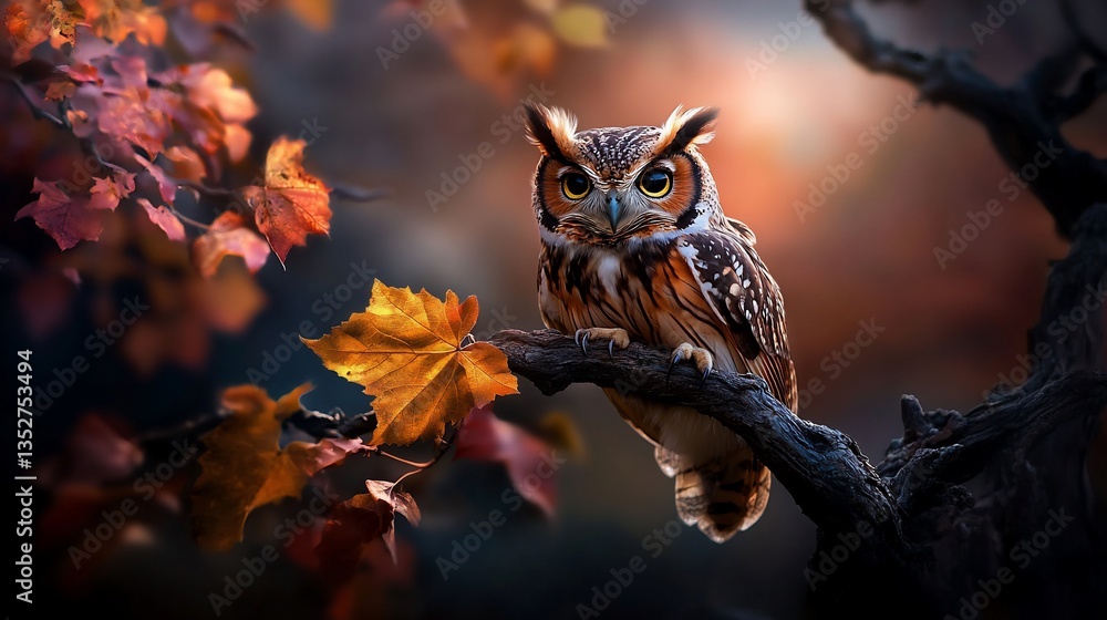 Obraz premium Majestic Owl in Autumnal Embrace, A Study in Serenity and Wildlife