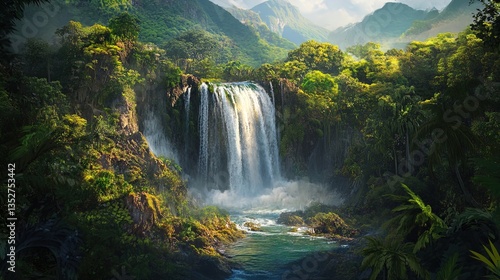 A breathtaking landscape featuring a majestic waterfall cascading down rocky cliffs, surrounded by lush, vibrant greenery and tropical vegetation. The scene is enhanced by rolling hills and distant mo