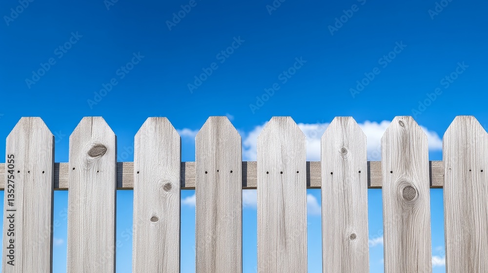 Wooden fence against a clear blue sky with fluffy clouds, ideal for outdoor themes Wooden fence against a clear blue sky with fluffy clouds, ideal for outdoor themes