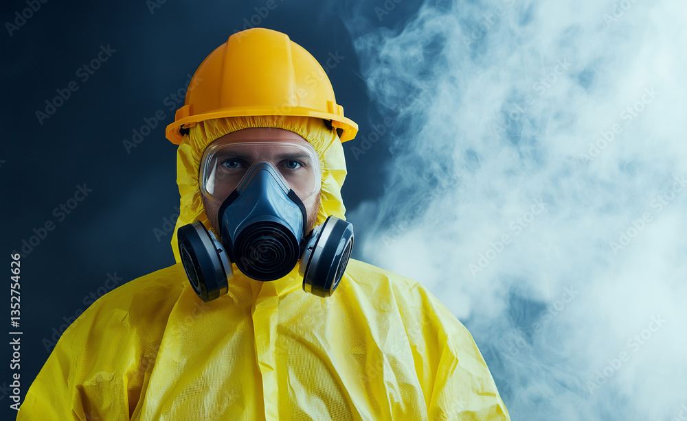 Close-up of a firefighter wearing a protective mask and helmet, with smoke in the background. Close-up of a firefighter wearing a protective mask and helmet, with smoke in the background.