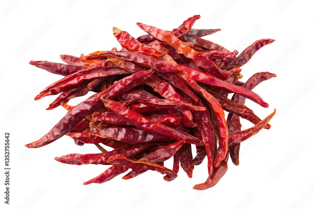 Fototapeta premium Pile of dried red chili peppers on black background, cut out