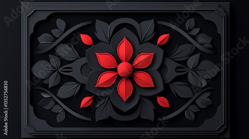 Red Flower Black Background Geometric Floral Design