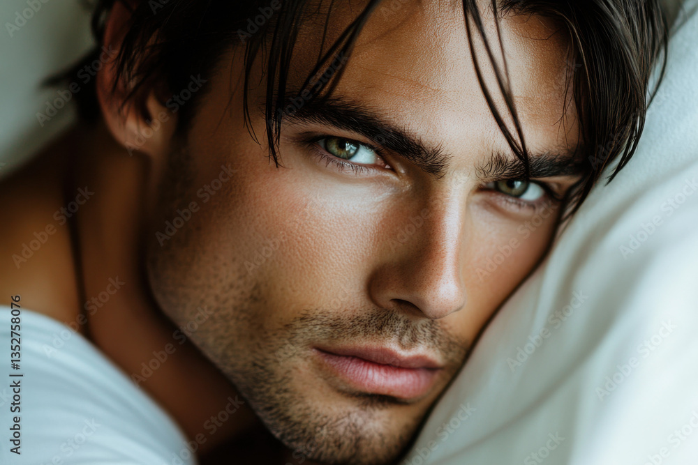 Handsome male model resting on white pillow with intense gaze Handsome male model resting on white pillow with intense gaze