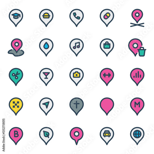 Filled outline icons set for Location pins, marker, pointer.