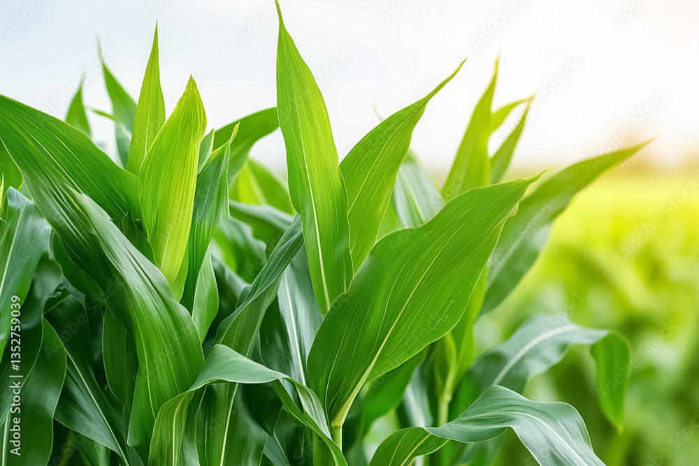 Fototapeta premium Corn leaves swaying in the breeze under a bright sky create a lush green landscape. Setting in open farmland during daytime. Concept of agriculture, farming, landscaping