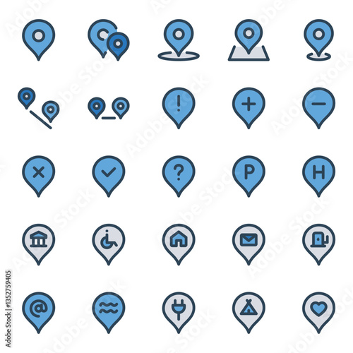Filled blue outline icons set for Location pins, marker, pointer.