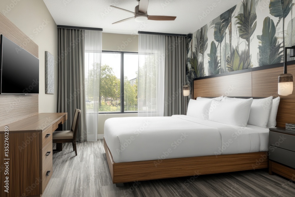 Fototapeta premium Modern hotel room interior featuring a comfortable bed and decor