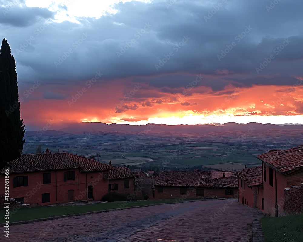 Majestic sunset illuminates a village and distant mountain range landscape