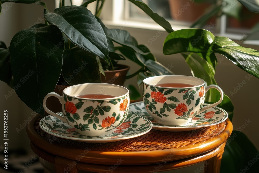Two teacups with floral patterns sit on a small table, bathed in sunlight. Lush green foliage surrounds them.