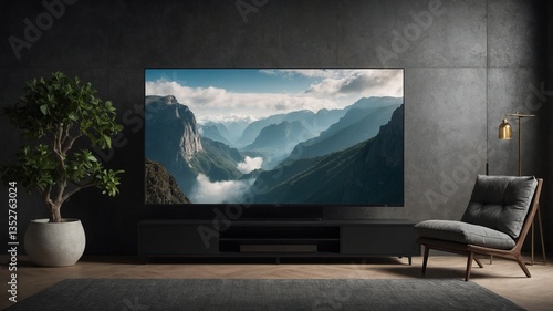 In modern living room, large flat-screen tv mounted on dark wall displays breathtaking mountainous landscape with clouds nestled in valleys. Sleek media console below tv houses minimalistic decor.