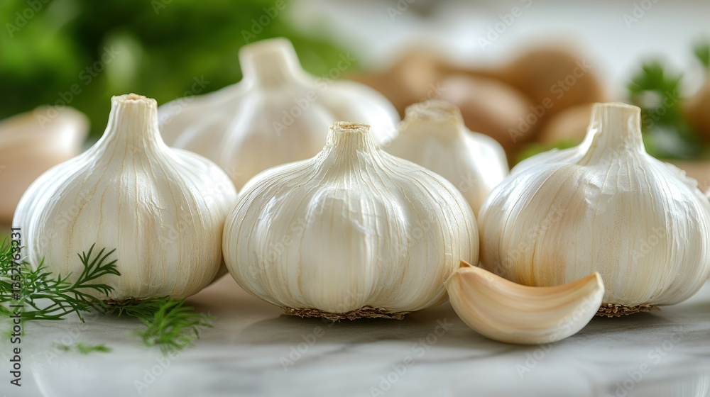 Obraz premium Close-up of garlic bulbs on a marble surface with herbs in the background