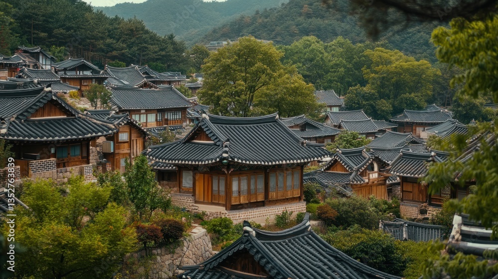 Traditional Architecture Nestled Among Lush Greenery and Rolling Hills Traditional Architecture Nestled Among Lush Greenery and Rolling Hills