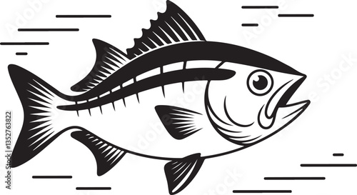 Black and White Bass Fish silhouette with Fishing Hook, Retro Fishing Logo, Sport Fishing Illustration