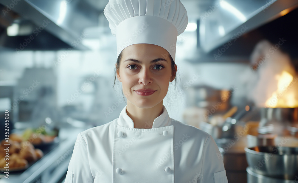 A confident female chef standing with her arms crossed, smiling in a professional kitchen, wearing a white chef's coat and hat. A confident female chef standing with her arms crossed, smiling in a professional kitchen, wearing a white chef's coat and hat.