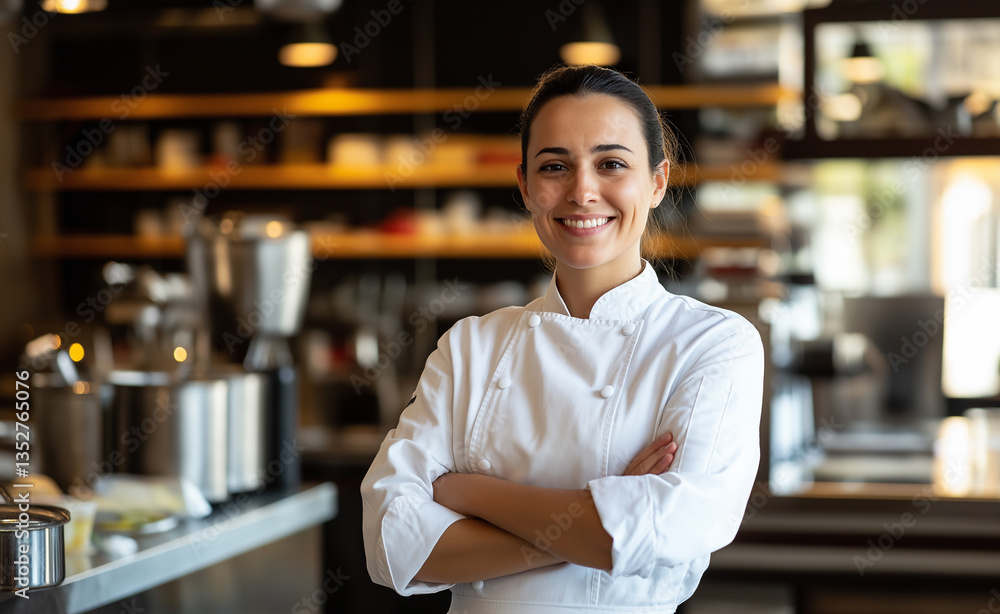 Fototapeta premium A confident female chef standing in a professional kitchen with her arms crossed, smiling at the camera, while another chef works in the background.
