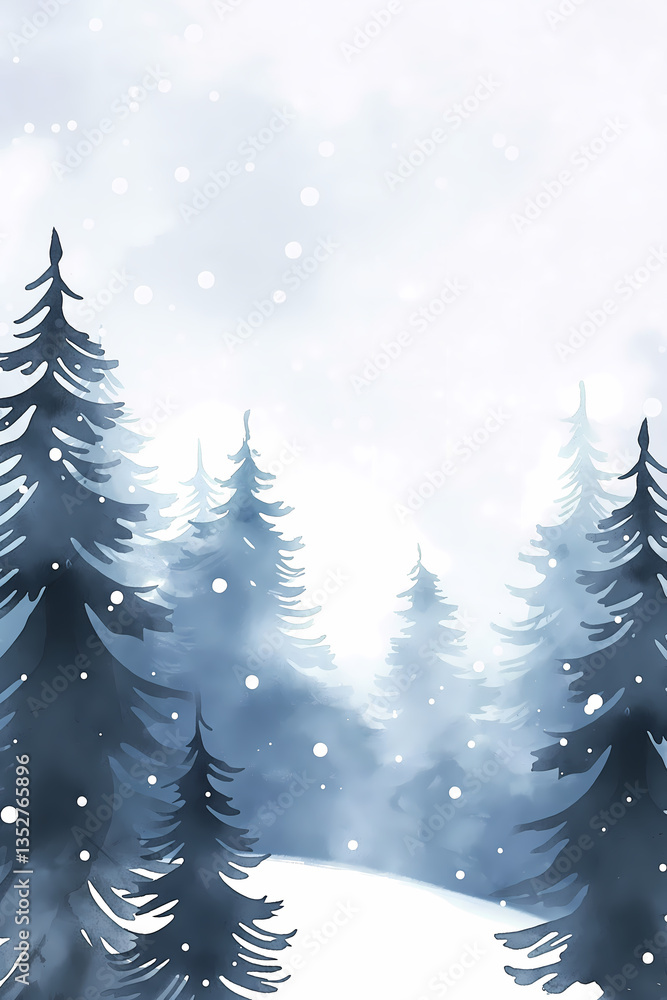 Obraz premium Snow Falling in Winter Forest with Pine Trees Watercolor Painting