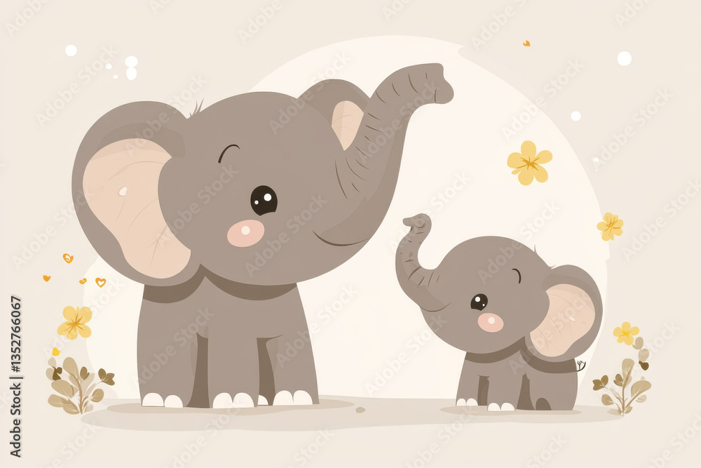 Obraz premium Happy cartoon elephants enjoying a sunny day