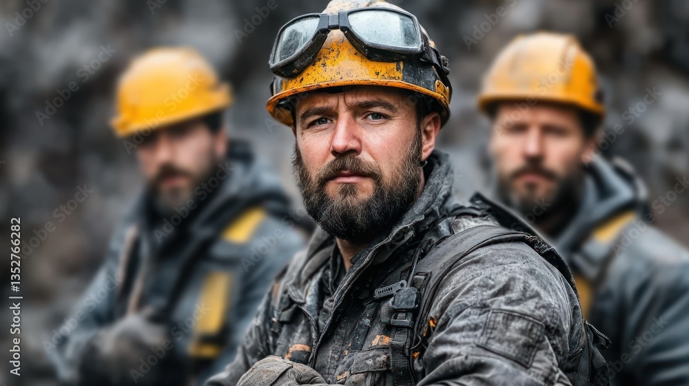 Coal miners stand, protective gear. Determined. Grit, dust, challenging work Coal miners stand, protective gear. Determined. Grit, dust, challenging work