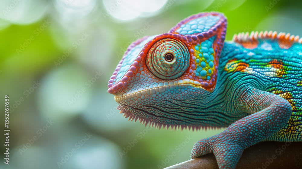Obraz premium a chameleon’s scales shifting colors, chameleon on a branch, iguana on a tree, green iguana on a branch, aquarium fish in aquarium, green lizard on a tree, green lizard on a branch