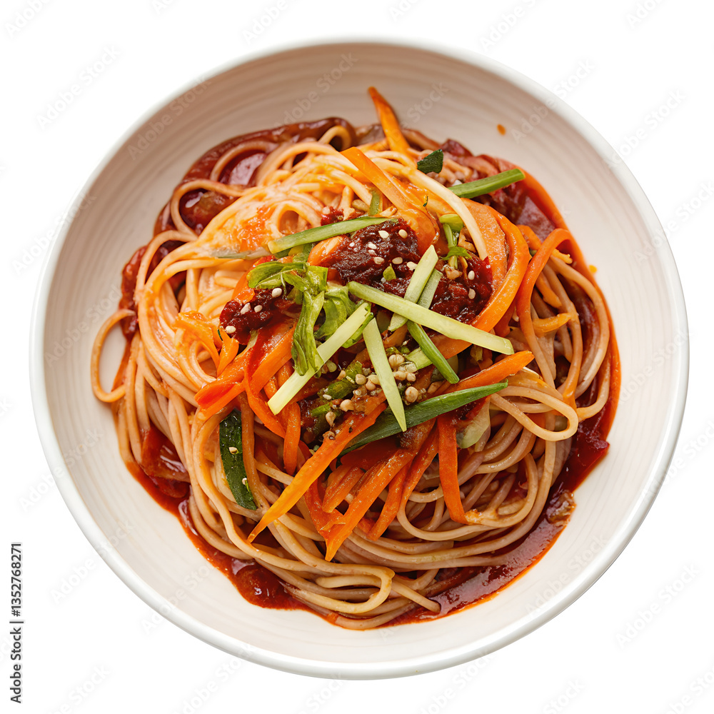 top view of makguksu, spicy buckwheat noodles top view of makguksu, spicy buckwheat noodles
