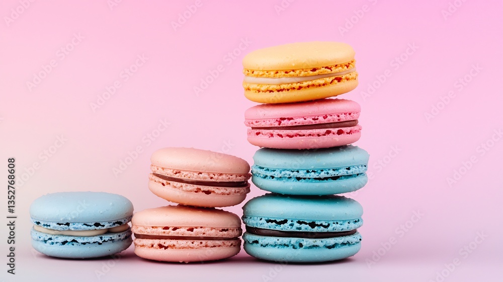 Colorful macarons stacked a pyramid set against a pastel gradient background for a modern artistic look Colorful macarons stacked a pyramid set against a pastel gradient background for a modern artistic look