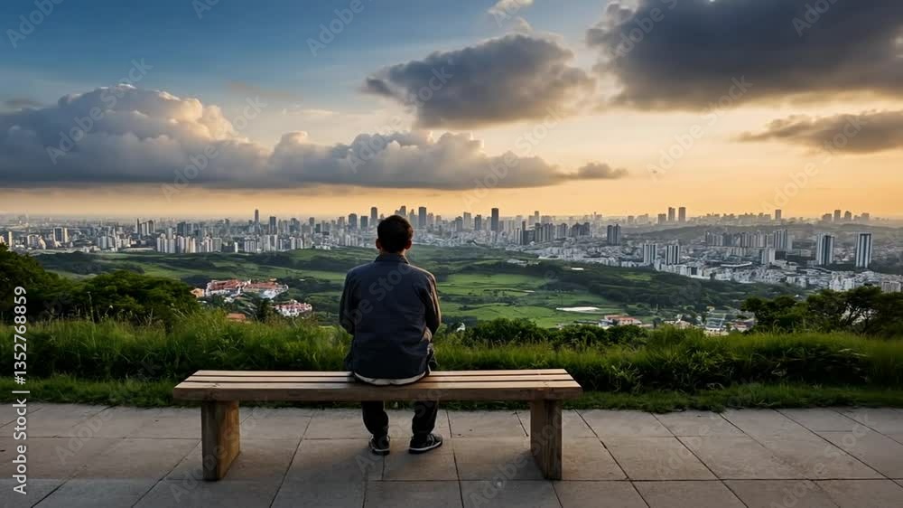 Contemplation: A Man on a Bench Overlooking a Cityscape at Sunset Contemplation: A Man on a Bench Overlooking a Cityscape at Sunset