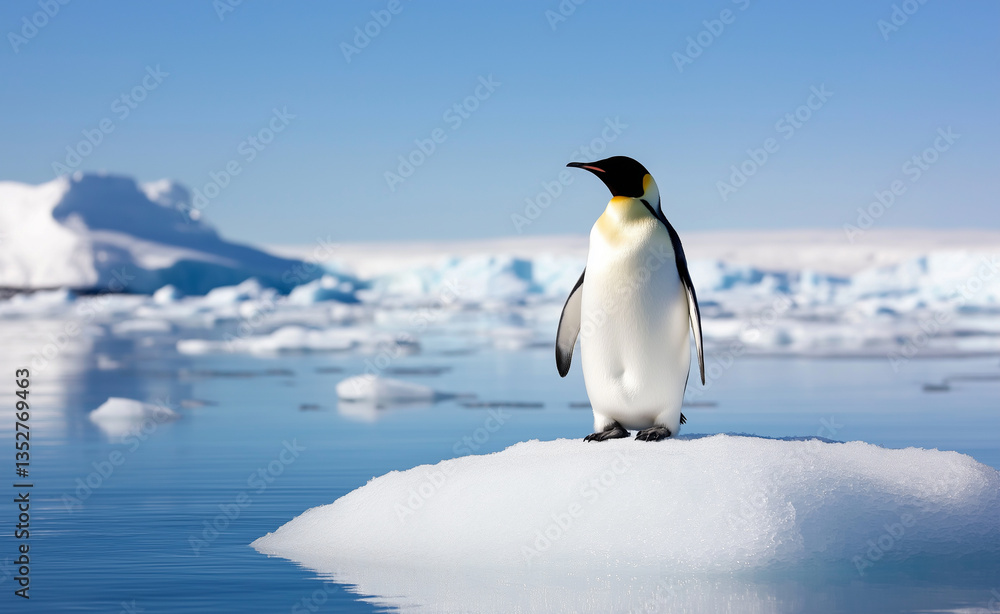 Fototapeta premium A solitary emperor penguin standing on an iceberg, surrounded by icy waters and snow-covered mountains in the background.