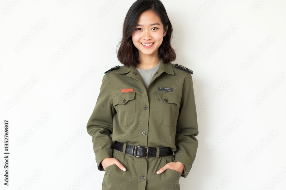 Half-Length (Waist-Up) portrait of young stylish smiling Lao female model in military wear isolated on pure white background looking at camera Half-Length (Waist-Up) portrait of young stylish smiling Lao female model in military wear isolated on pure white background looking at camera