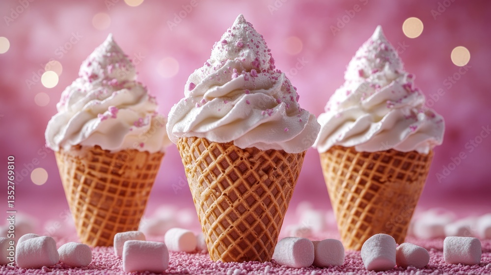 Three soft serve ice cream cones with pink sprinkles, on a pink background with marshmallows Three soft serve ice cream cones with pink sprinkles, on a pink background with marshmallows