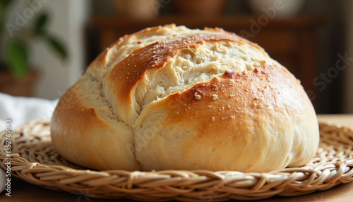 Freshly baked round bread on a woven plate
