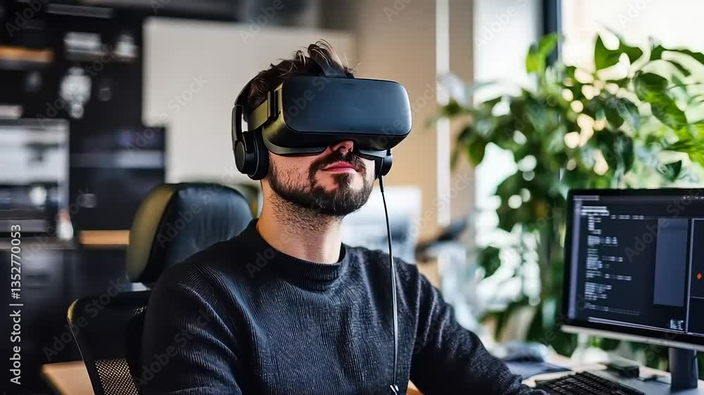 Man Experiencing Immersive Virtual Reality in Modern Office Setting Man Experiencing Immersive Virtual Reality in Modern Office Setting
