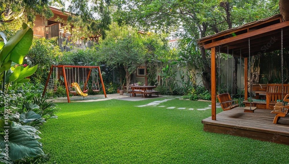Serene Backyard Oasis: Lush Greenery, Playful Swings, and Tranquil Gazebo Serene Backyard Oasis: Lush Greenery, Playful Swings, and Tranquil Gazebo