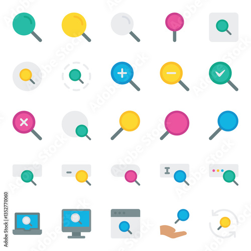 Flat color icons set for Magnify glass, search, find.