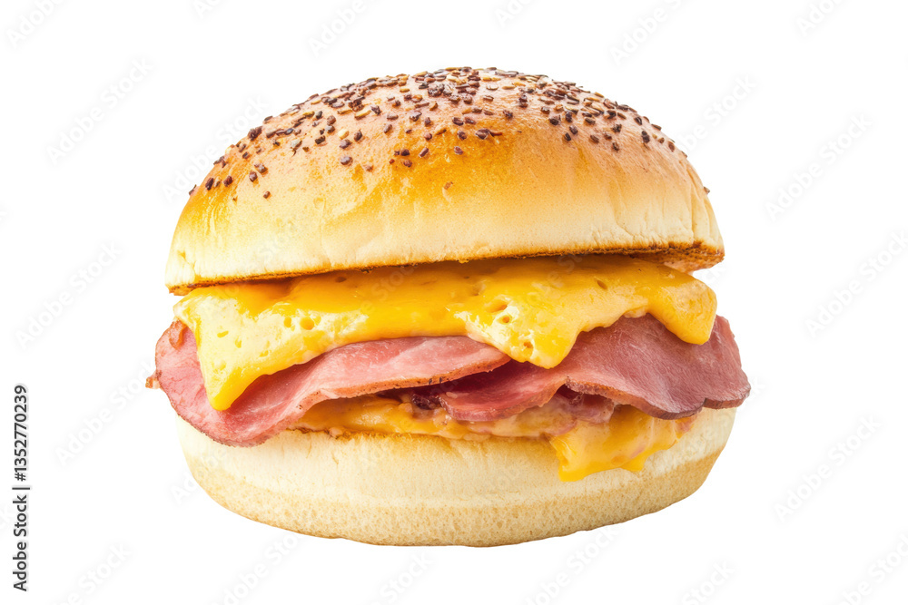 Delicious ham and cheese burger with sesame seed bun on black background, cut out Delicious ham and cheese burger with sesame seed bun on black background, cut out