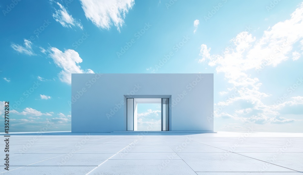 Modern white building with open door, and sky. Modern white building with open door, and sky.