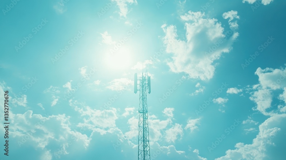 Obraz premium Communication Tower Amidst Clouds: a sleek communication tower stretches towards the sky, dotted with fluffy clouds, and bathed in the bright sunlight.