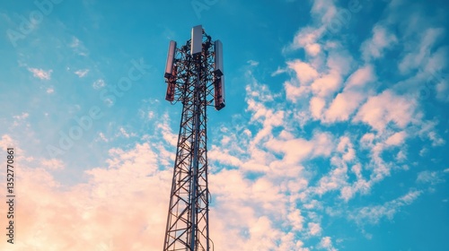 Communication Tower under Blue Sky: A tall, imposing communication tower reaches towards a vibrant, cloud-strewn blue sky.
