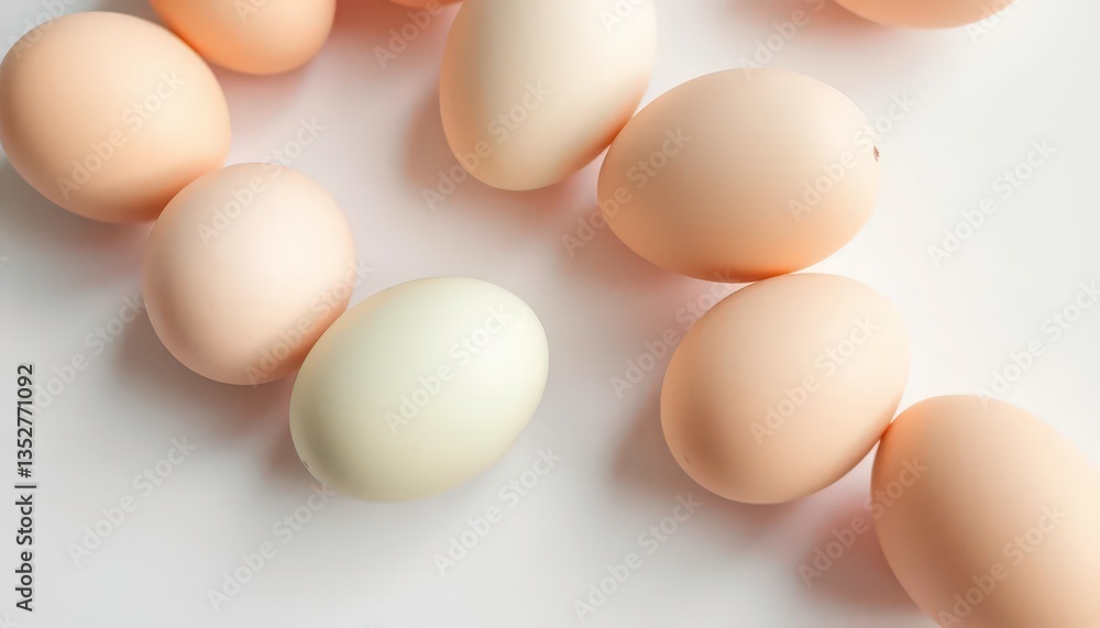 Several pale, pastel-colored eggs arranged on a clean white background, design, spring Several pale, pastel-colored eggs arranged on a clean white background, design, spring