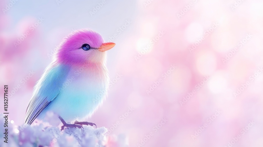 Pastel bird perched on blossom branch. Soft, vibrant colors. Springtime scene Pastel bird perched on blossom branch. Soft, vibrant colors. Springtime scene