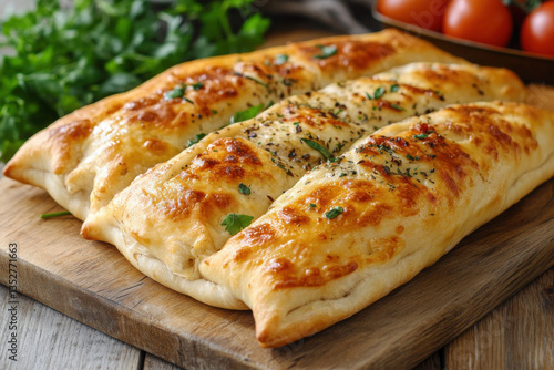 Wallpaper Mural Delicious homemade cheesy bread with herbs baking on wooden board Torontodigital.ca