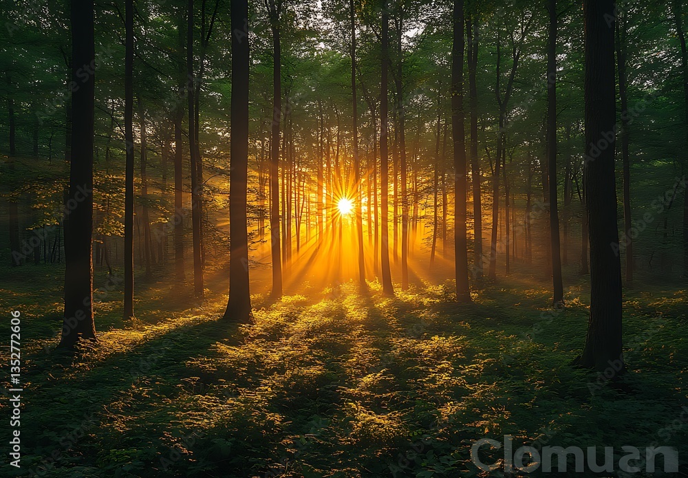 Fototapeta premium Golden Sunlight Streaming Through Forest, Casting Rays on Lush Greenery