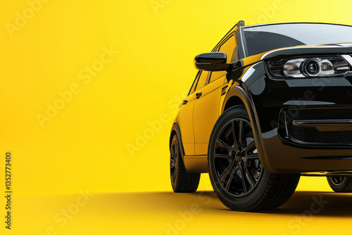 Black suv car parked on yellow background: modern transportation concept