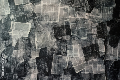 Newspaper clippings creating textured black and white collage background