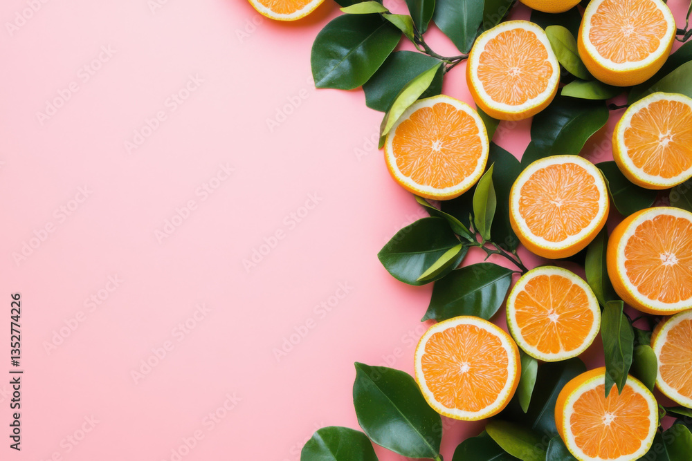 Freshly cut oranges with leaves arranged on pink background Freshly cut oranges with leaves arranged on pink background